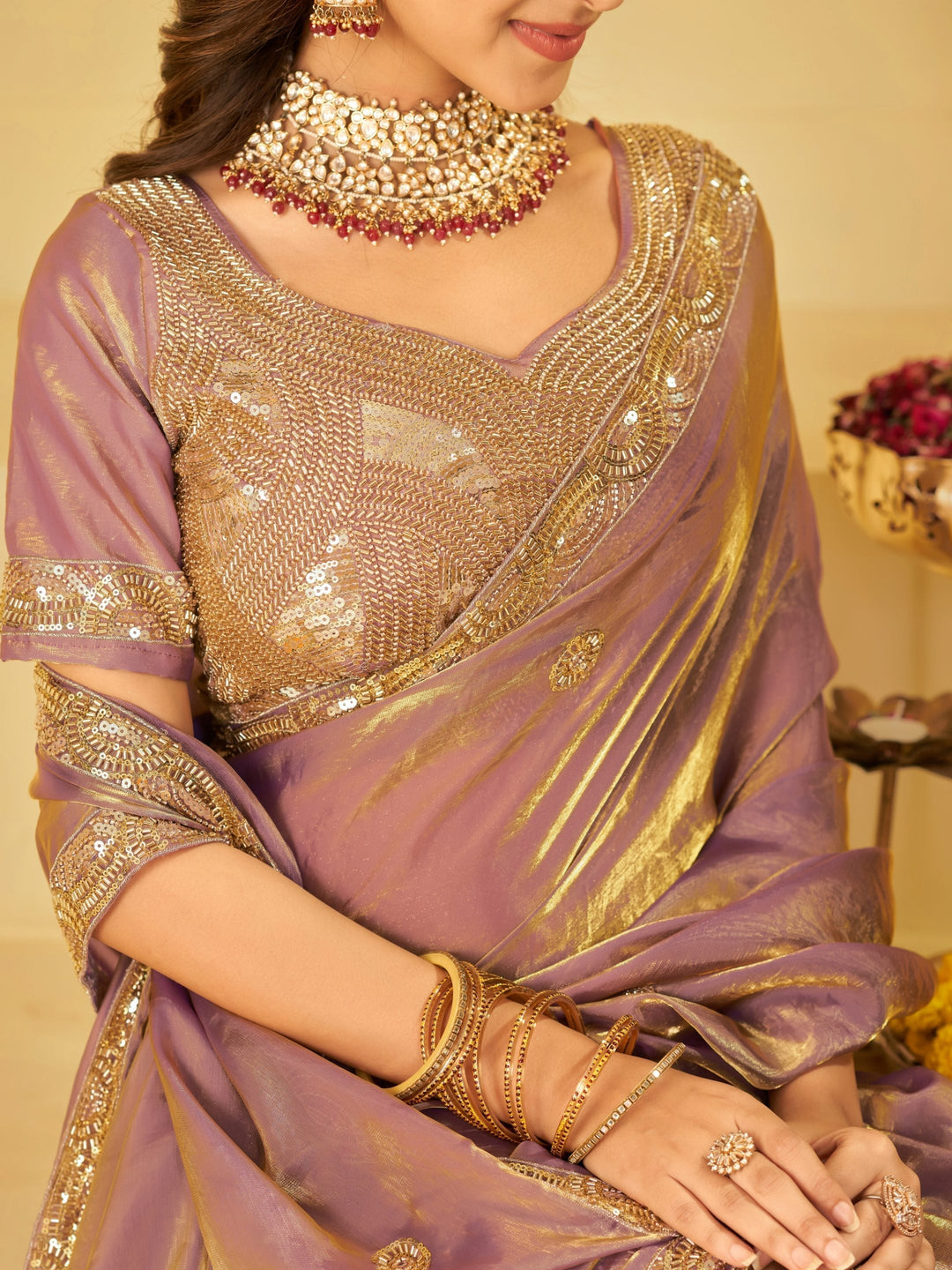 Lavender Dual Tone Designer Fendy Satin Saree with Heavy Embroidered Blouse & Sequin Border | Premium Wedding Party Wear Saree