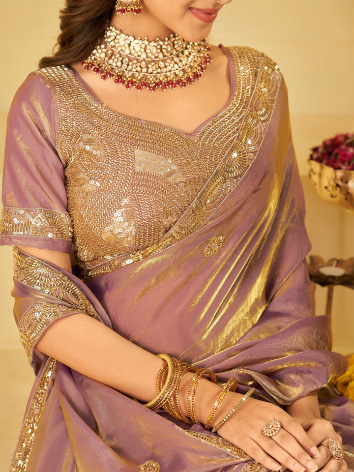 Lavender Dual Tone Designer Fendy Satin Saree with Heavy Embroidered Blouse & Sequin Border | Premium Wedding Party Wear Saree