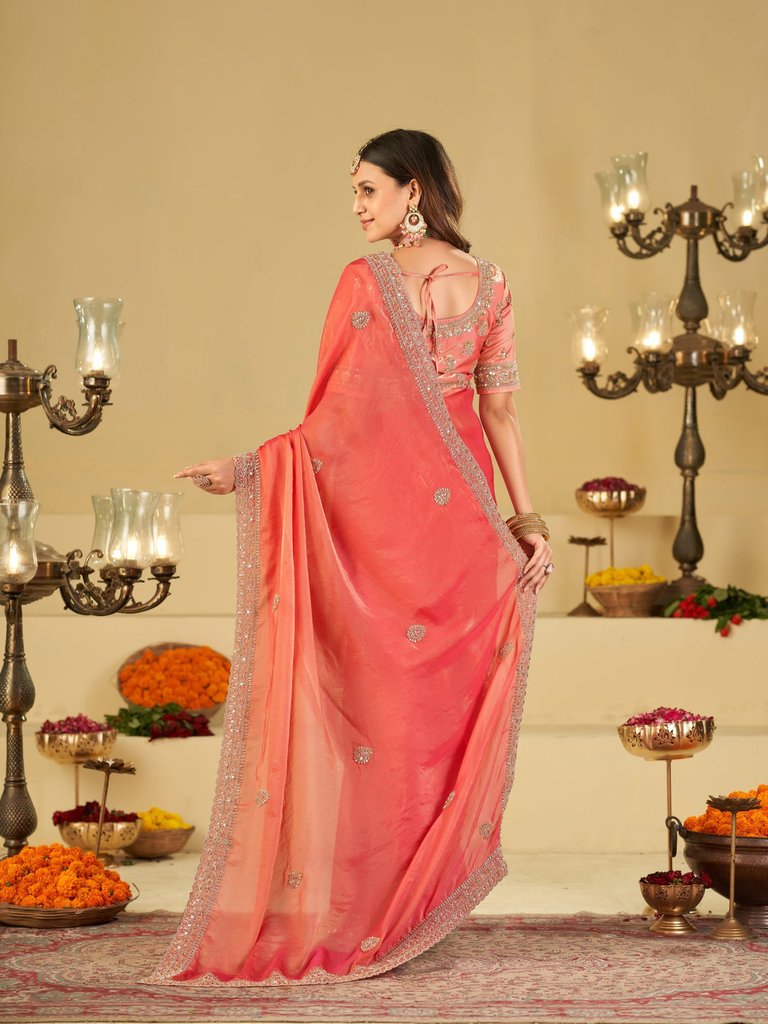 Coral Pink Designer Fendy Satin Saree with Heavy Embroidered Blouse & Sequin Border | Premium Wedding Party Wear Saree