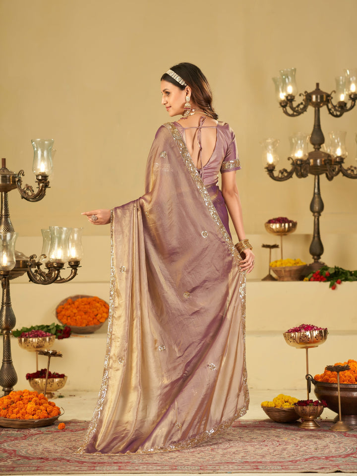 Lavender Dual Tone Designer Fendy Satin Saree with Heavy Embroidered Blouse & Sequin Border | Premium Wedding Party Wear Saree