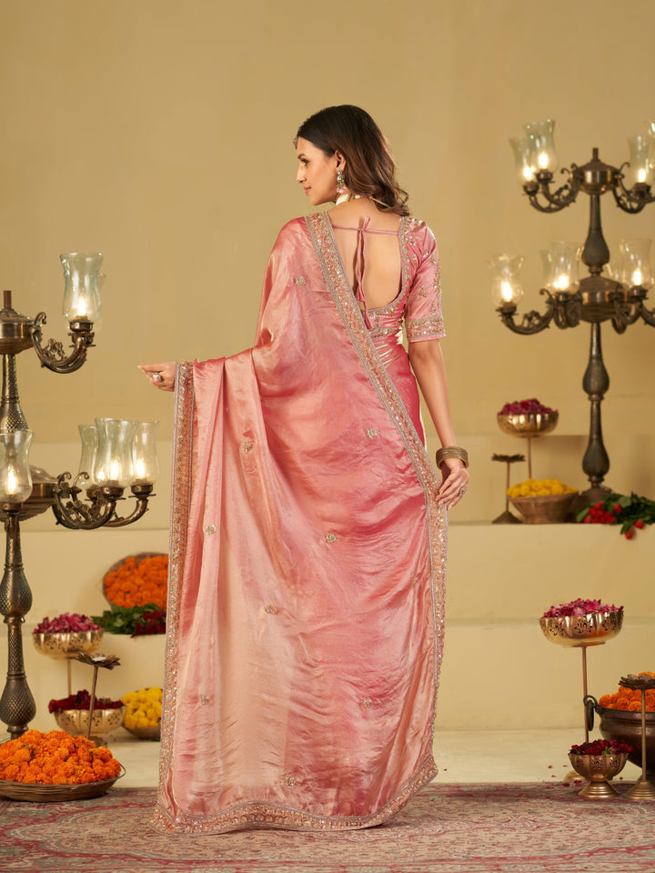 Baby Pink Designer Fendy Satin Saree with Heavy Embroidered Blouse & Zari Border | Premium Wedding Party Wear Saree