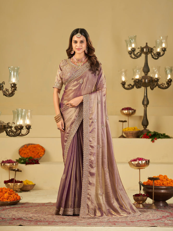 Lavender Purple Designer Fendy Satin Saree with Heavy Embroidered Blouse & Sequin Border | Premium Wedding Party Wear Saree
