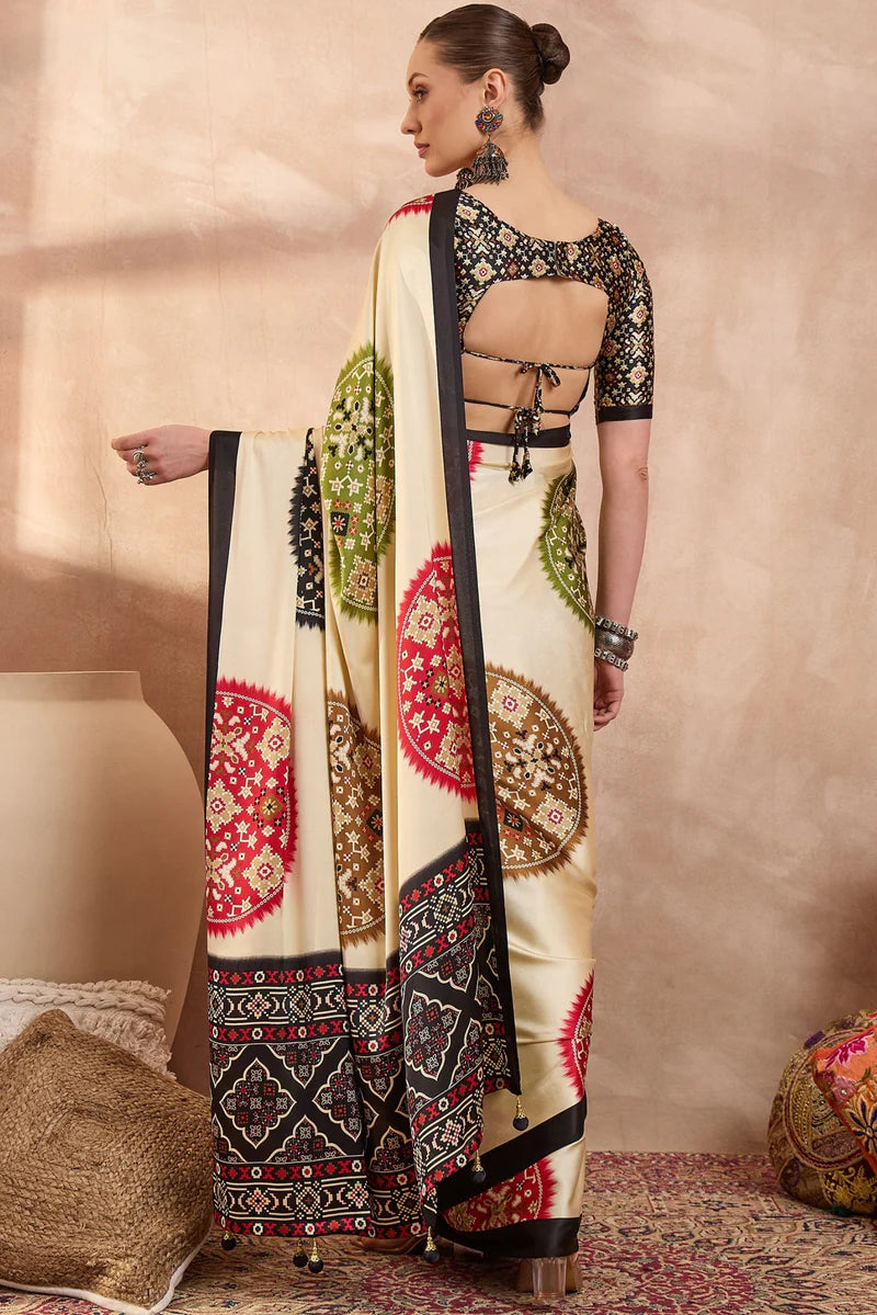 Ivory Cream Modal Silk Saree with Patola-Inspired Multicolor Print & Black Designer Pallu | Festive & Traditional Wear Saree