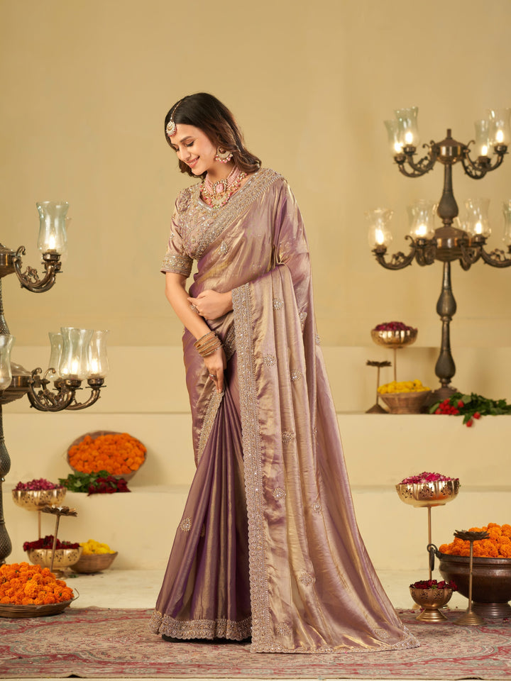 Lavender Purple Designer Fendy Satin Saree with Heavy Embroidered Blouse & Sequin Border | Premium Wedding Party Wear Saree