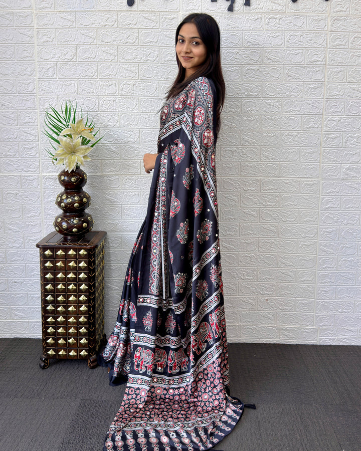 Black Modal Silk Saree with Elephant Motif Ajrakh Print & Heritage Designer Pallu | Traditional Festive Wear Saree
