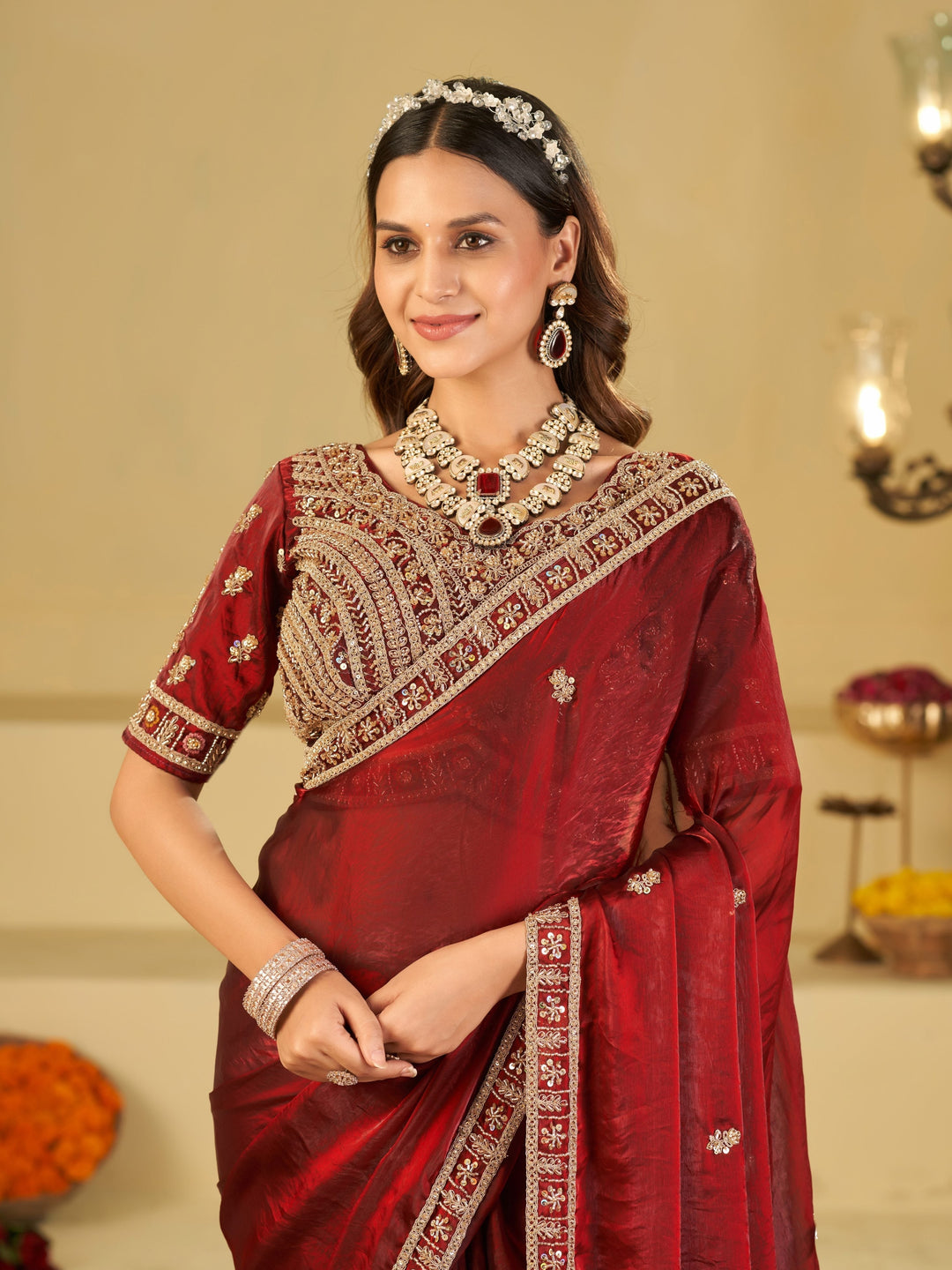Wine Red Designer Fendy Satin Saree with Heavy Embroidered Blouse & Zari Border | Premium Wedding & Festive Wear Saree