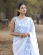 Sky Blue Pure Georgette Hand-Painted Saree with White Floral Motifs and Sequins | Modal Satin Blouse