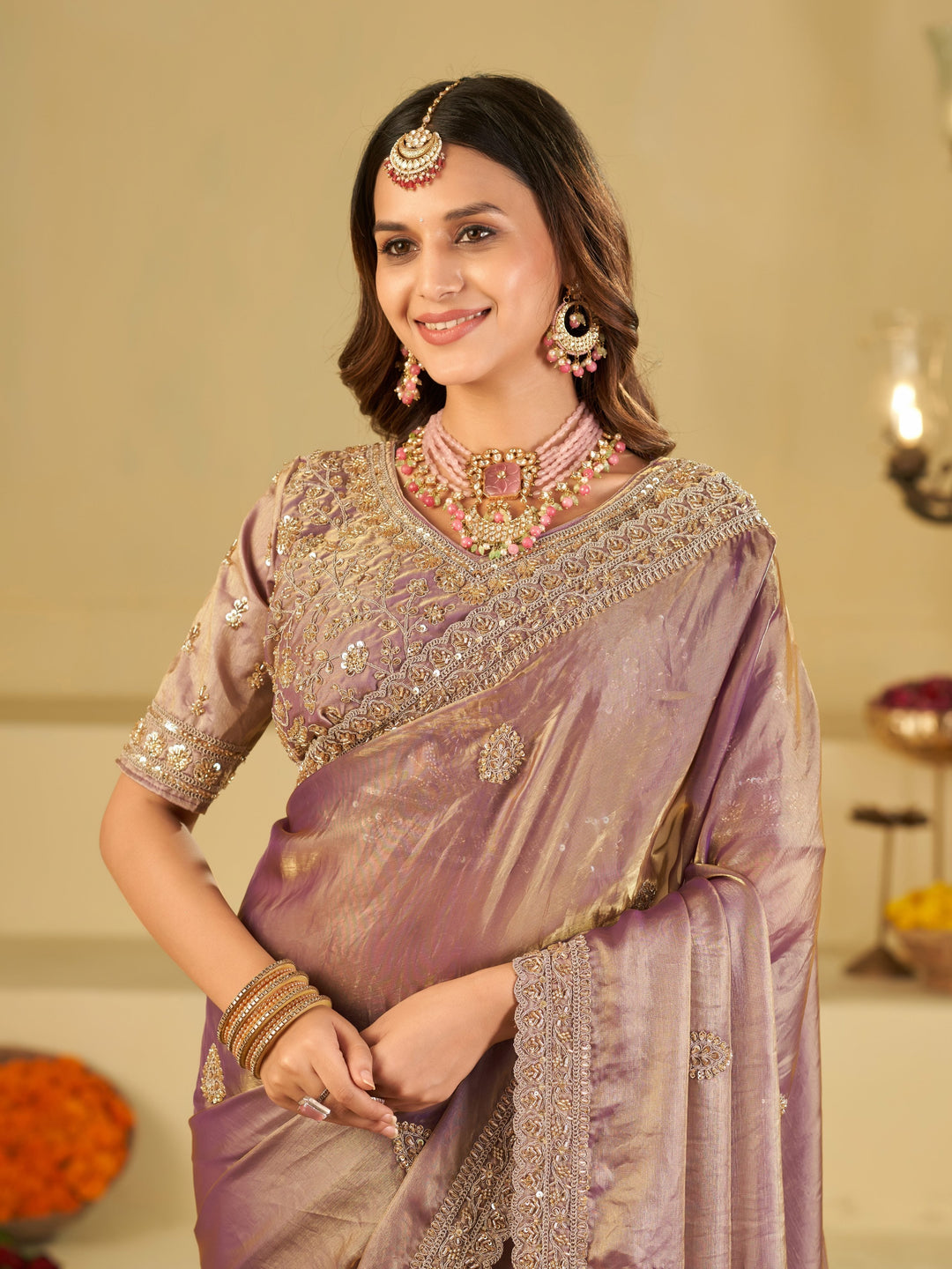 Lavender Purple Designer Fendy Satin Saree with Heavy Embroidered Blouse & Sequin Border | Premium Wedding Party Wear Saree
