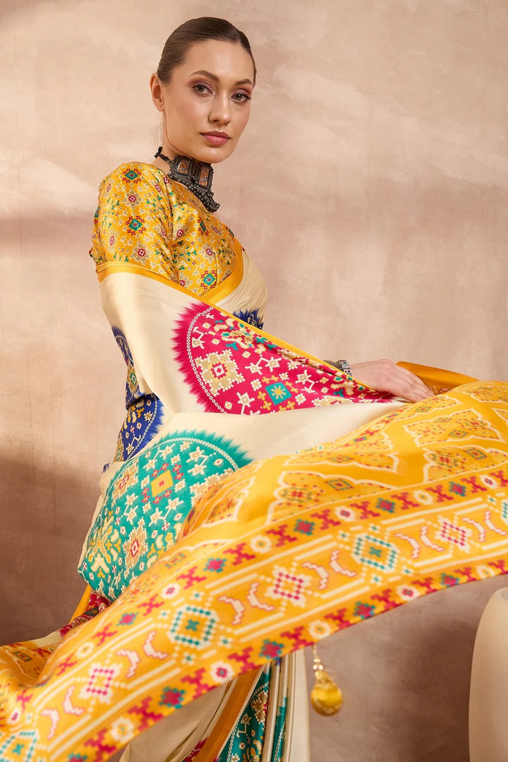 Ivory Cream Modal Silk Saree with Patola-Inspired Multicolor Print & Mustard Designer Pallu | Festive & Traditional Wear Saree