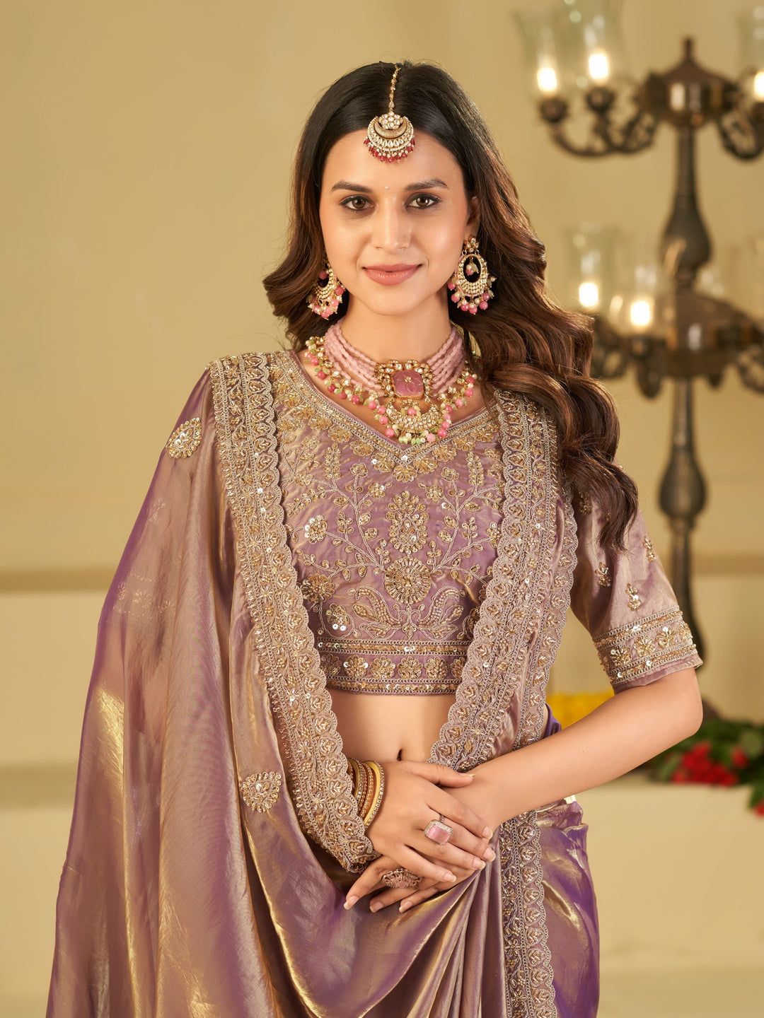 Lavender Purple Designer Fendy Satin Saree with Heavy Embroidered Blouse & Sequin Border | Premium Wedding Party Wear Saree