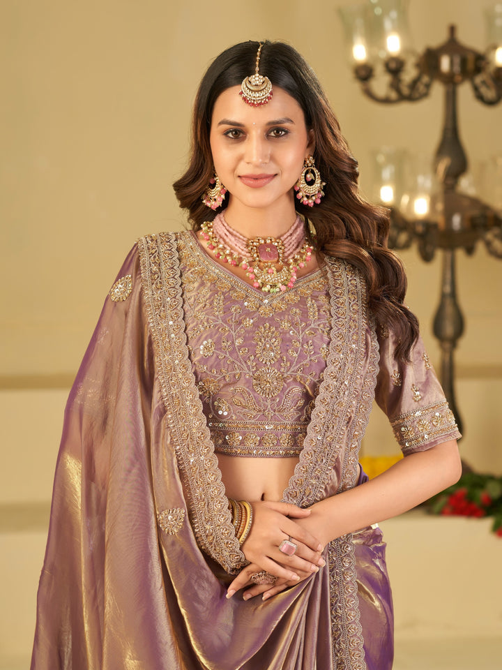 Lavender Purple Designer Fendy Satin Saree with Heavy Embroidered Blouse & Sequin Border | Premium Wedding Party Wear Saree