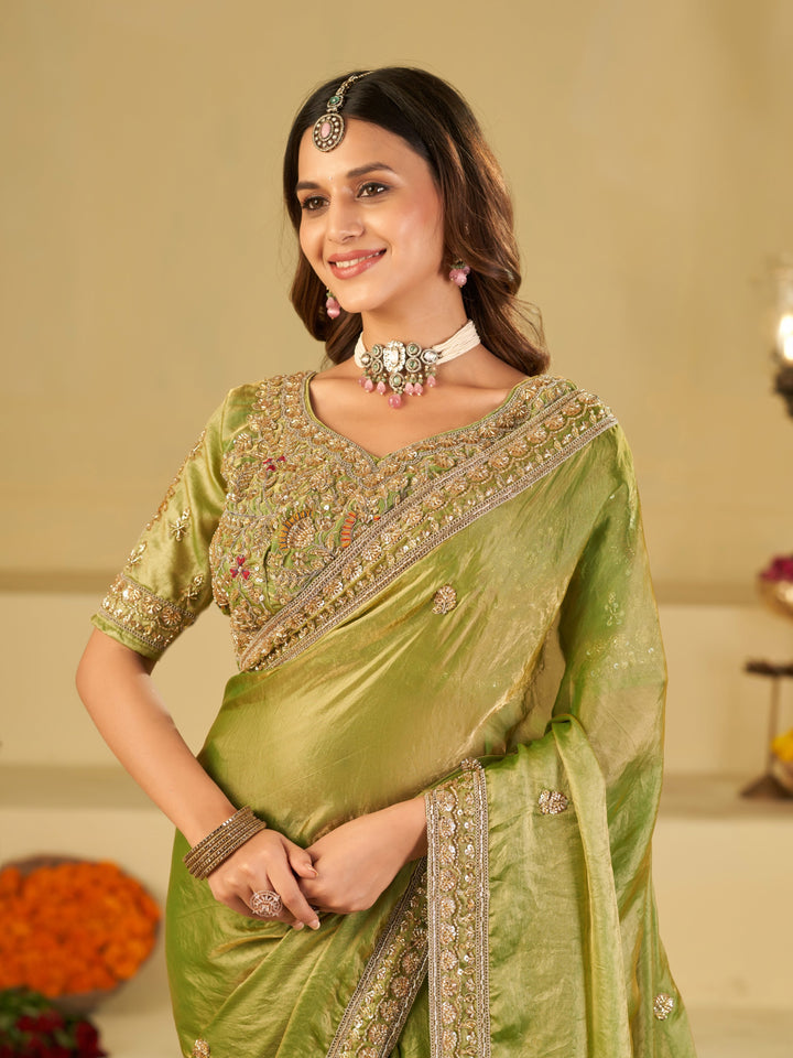 Pista Green Designer Fendy Satin Saree with Heavy Embroidered Blouse & Zari Border | Premium Wedding Party Wear Saree