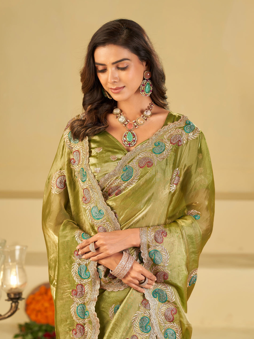 Olive Green Designer Fendy Satin Saree with Multicolor Paisley Embroidery & Scalloped Embroidered Border | Elegant Festive Party Wear Saree