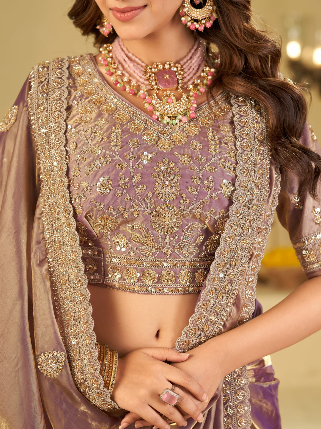Lavender Purple Designer Fendy Satin Saree with Heavy Embroidered Blouse & Sequin Border | Premium Wedding Party Wear Saree