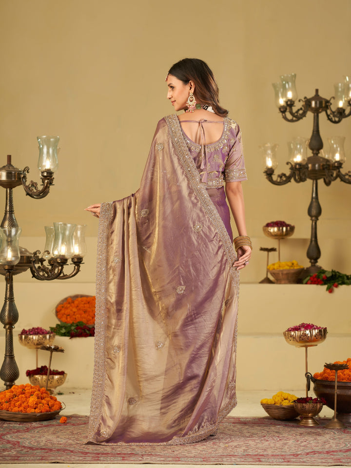 Lavender Purple Designer Fendy Satin Saree with Heavy Embroidered Blouse & Sequin Border | Premium Wedding Party Wear Saree
