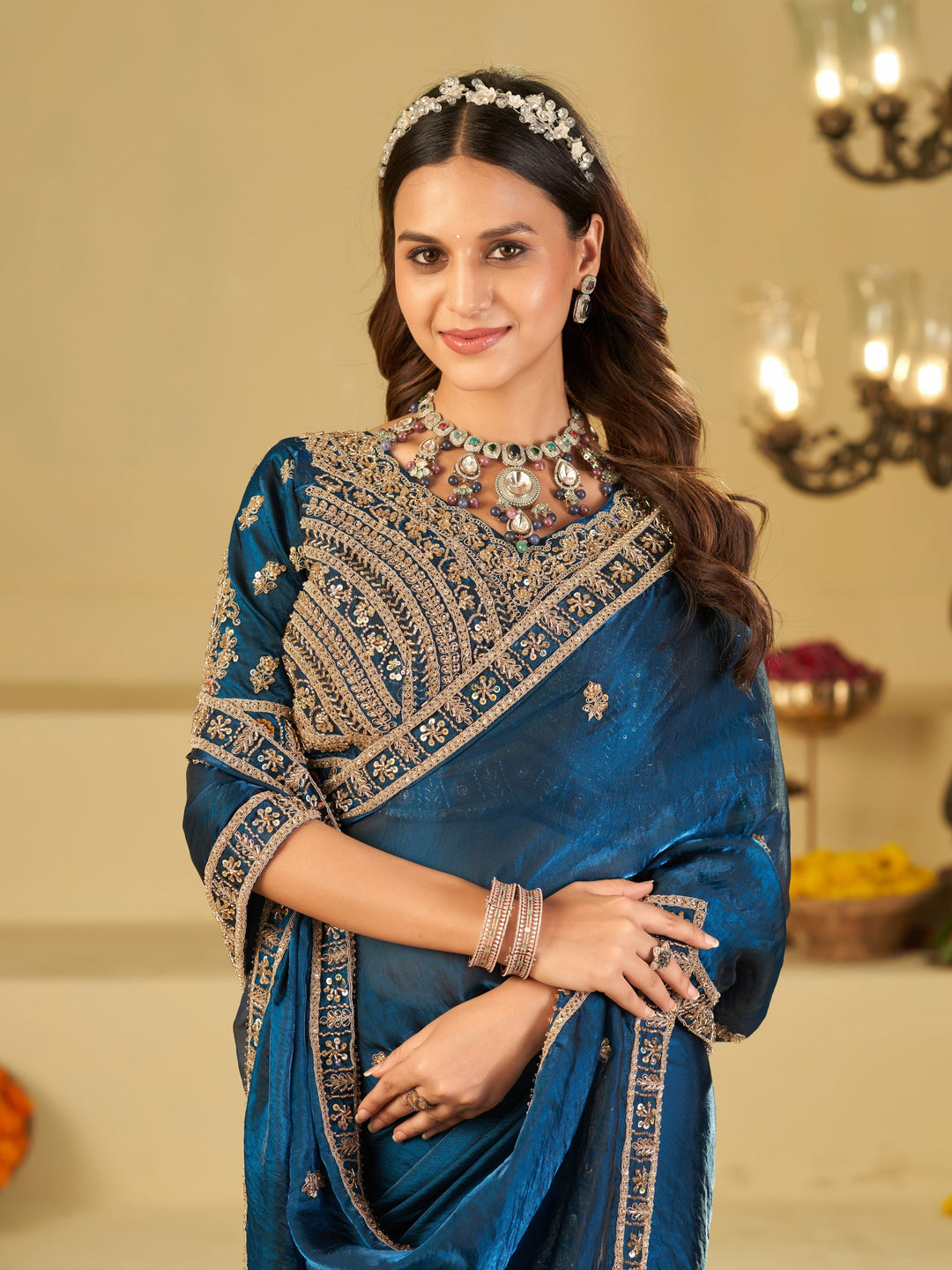 Royal Blue Designer Fendy Satin Saree with Heavy Embroidered Blouse & Zari Border | Premium Wedding & Festive Wear Saree