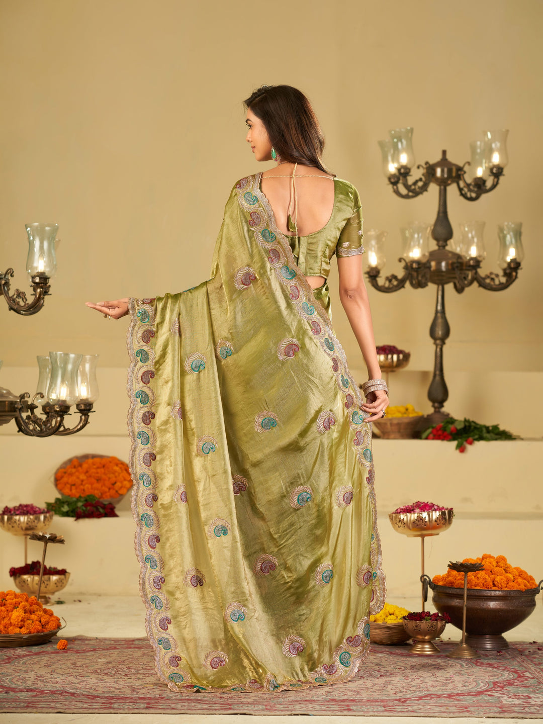 Olive Green Designer Fendy Satin Saree with Multicolor Paisley Embroidery & Scalloped Embroidered Border | Elegant Festive Party Wear Saree