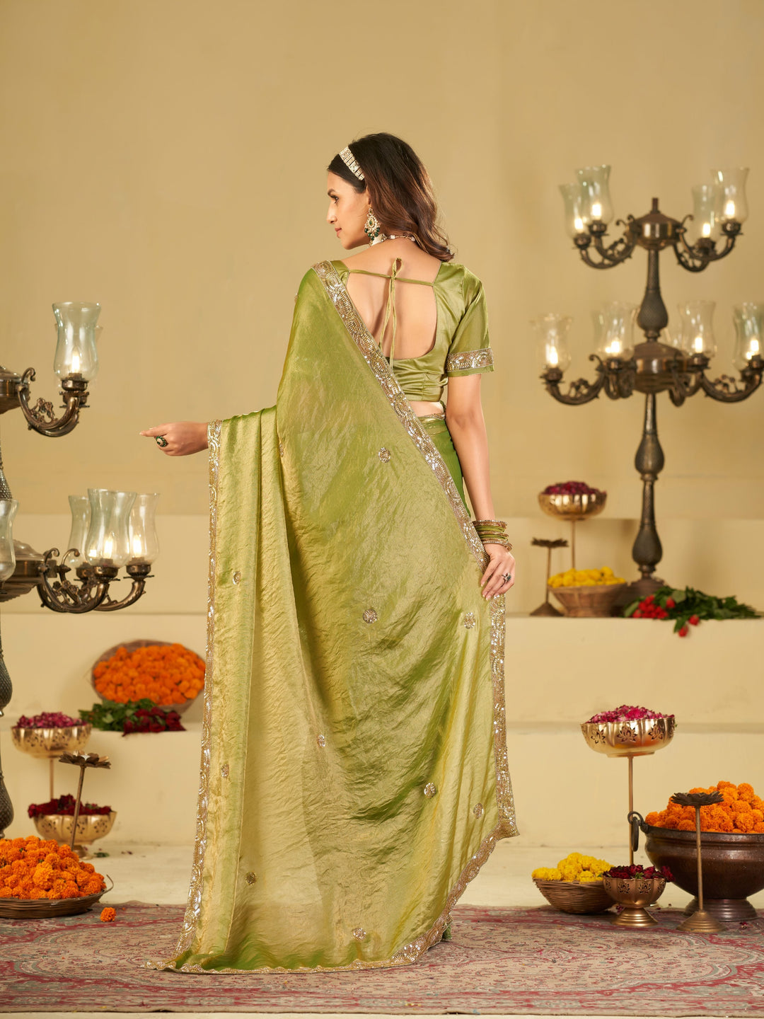 Pista Green Dual Tone Designer Fendy Satin Saree with Heavy Embroidered Blouse & Sequin Border | Premium Wedding Party Wear Saree