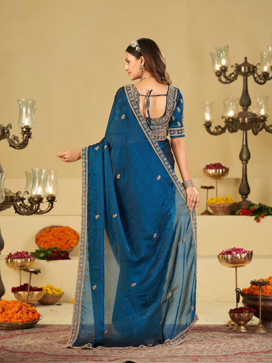 Royal Blue Designer Fendy Satin Saree with Heavy Embroidered Blouse & Zari Border | Premium Wedding & Festive Wear Saree