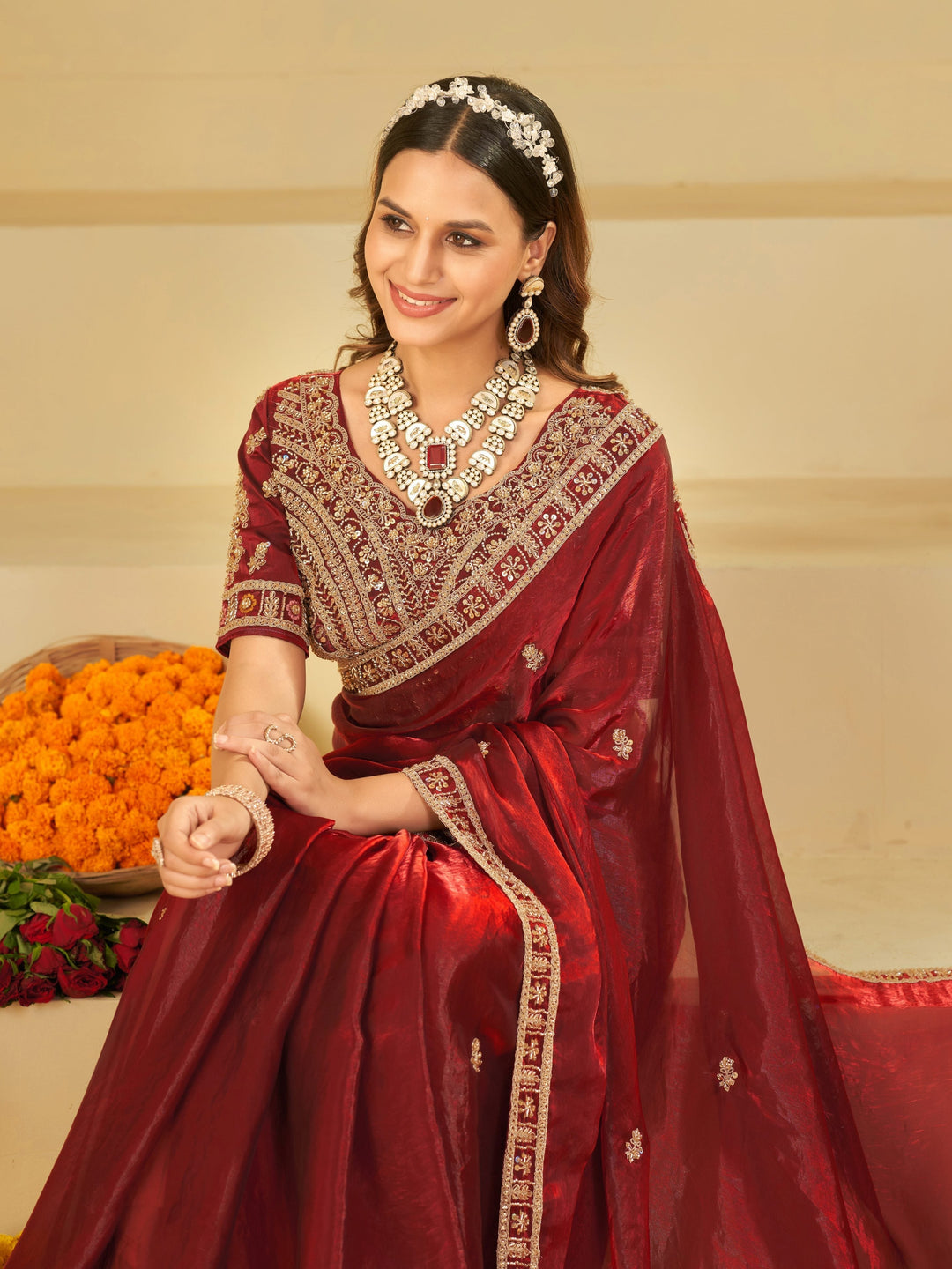 Wine Red Designer Fendy Satin Saree with Heavy Embroidered Blouse & Zari Border | Premium Wedding & Festive Wear Saree