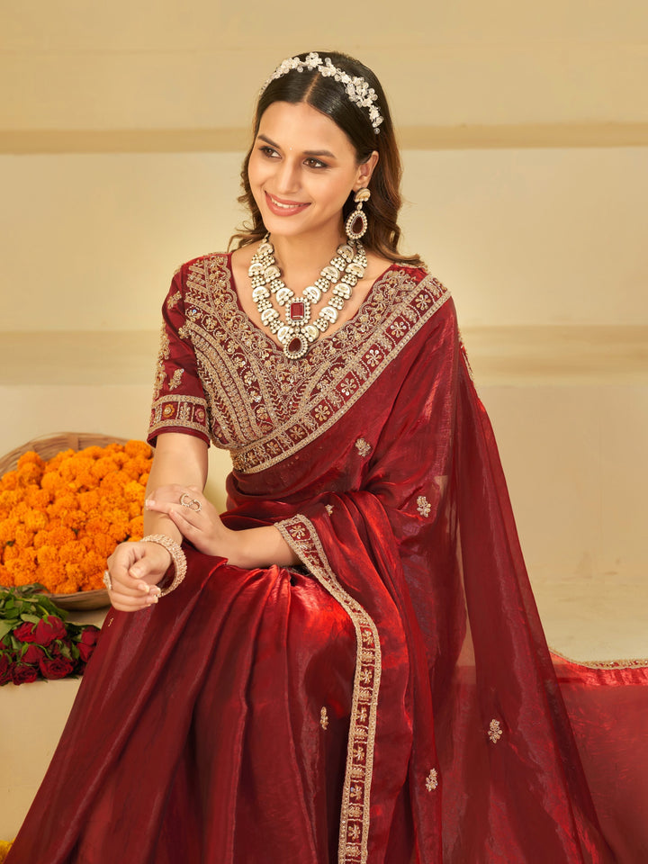 Wine Red Designer Fendy Satin Saree with Heavy Embroidered Blouse & Zari Border | Premium Wedding & Festive Wear Saree