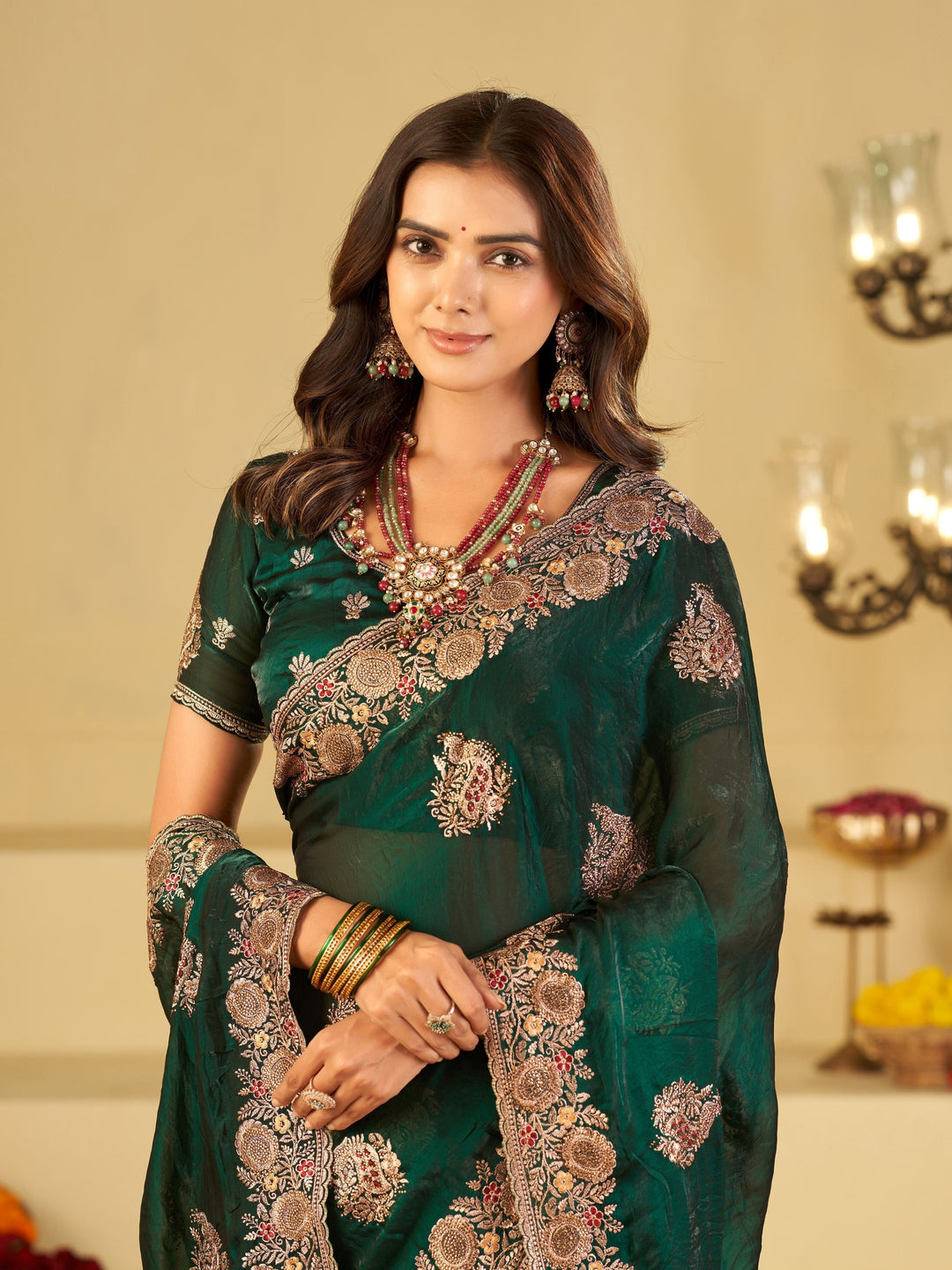 Emerald Green Designer Fendy Satin Saree with Heavy Floral Embroidery Work | Premium Wedding & Party Wear Embroidered Saree with Blouse