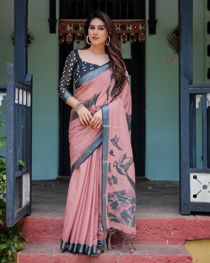Blush Pink Pure Cotton Linen Saree with Contrast Polka Dot Blouse and Tassel Detailing LINEN H 101110