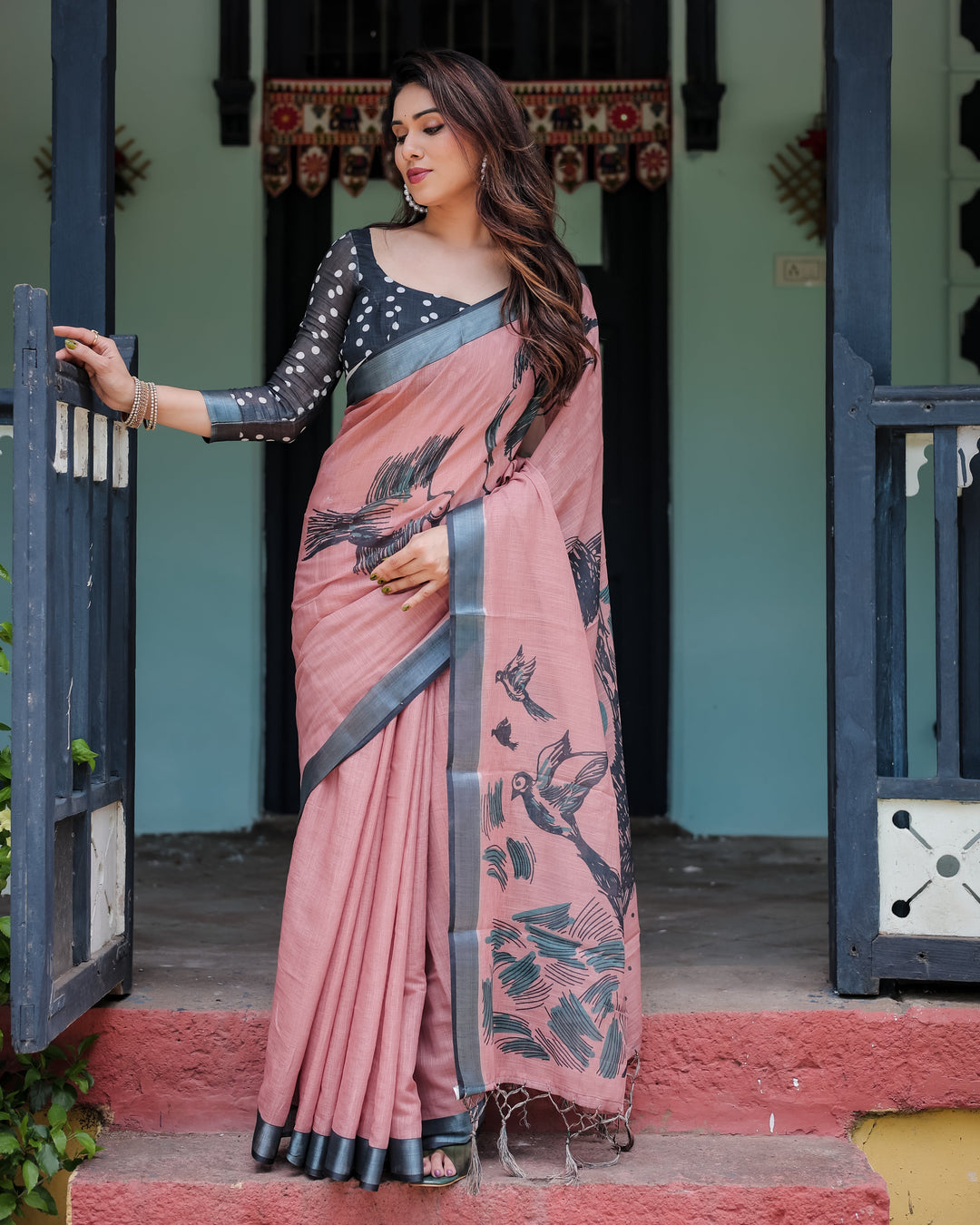 Blush Pink Pure Cotton Linen Saree with Contrast Polka Dot Blouse and Tassel Detailing LINEN H 101110