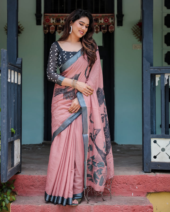 Blush Pink Pure Cotton Linen Saree with Contrast Polka Dot Blouse and Tassel Detailing LINEN H 101110