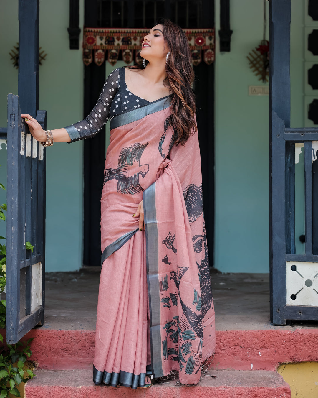 Blush Pink Pure Cotton Linen Saree with Contrast Polka Dot Blouse and Tassel Detailing LINEN H 101110