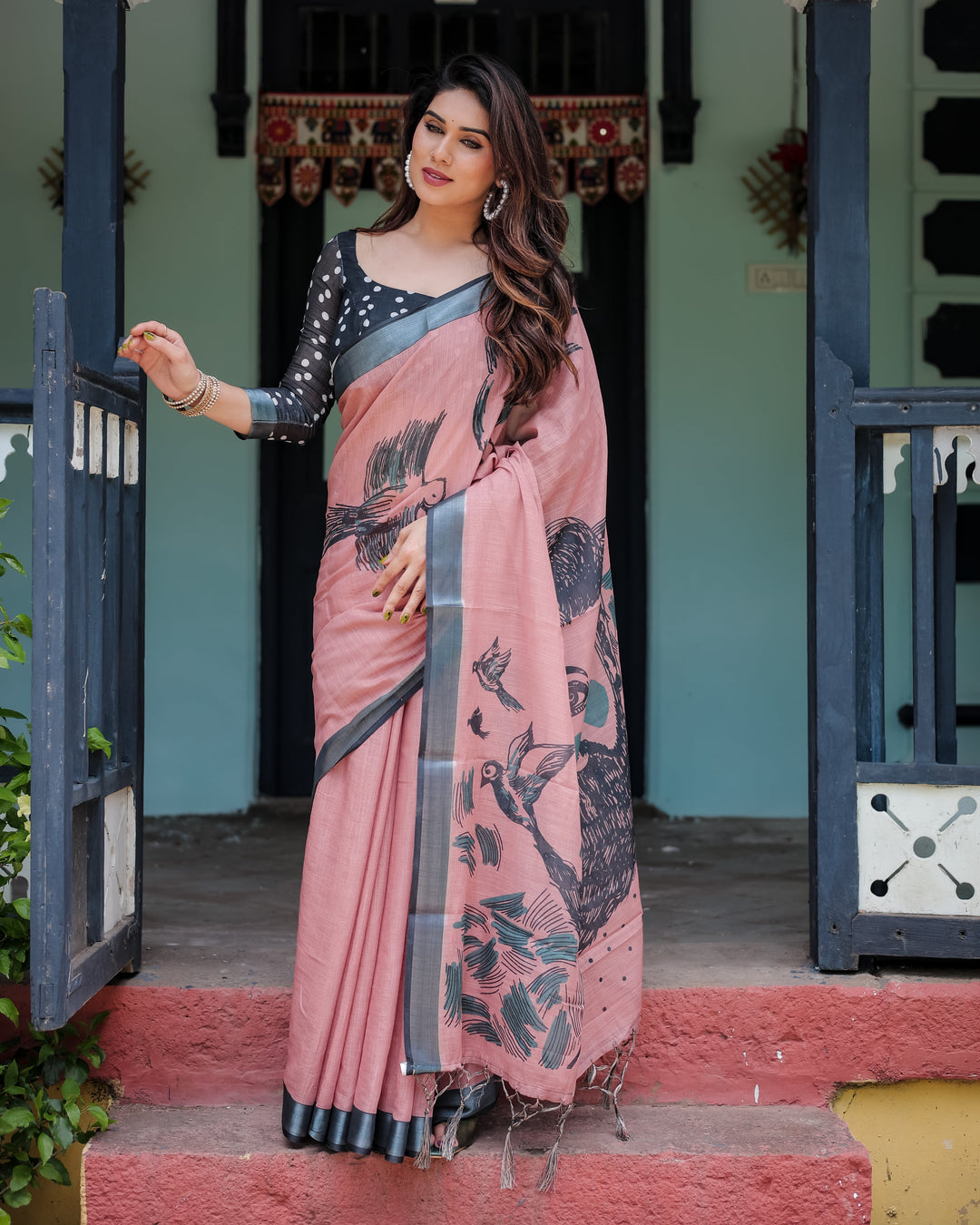 Blush Pink Pure Cotton Linen Saree with Contrast Polka Dot Blouse and Tassel Detailing LINEN H 101110