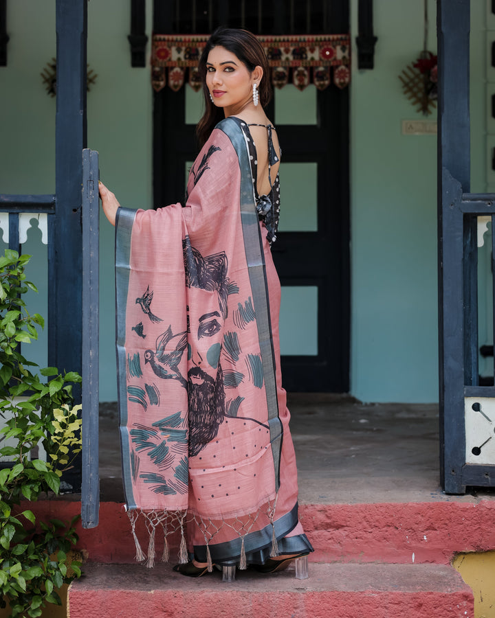 Blush Pink Pure Cotton Linen Saree with Contrast Polka Dot Blouse and Tassel Detailing LINEN H 101110