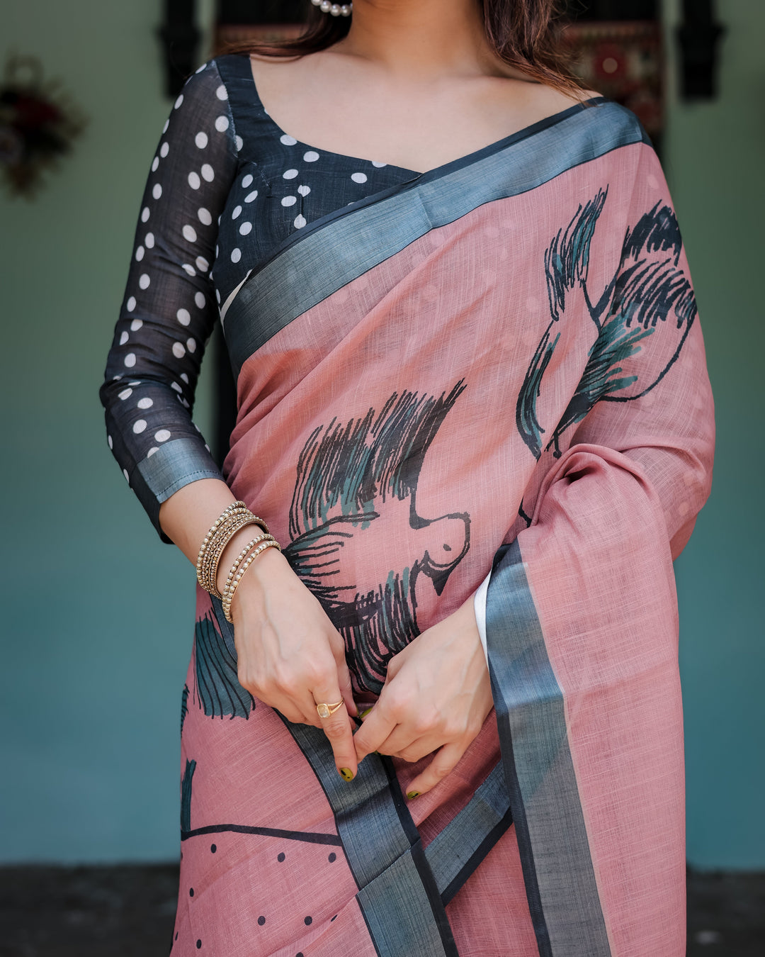 Blush Pink Pure Cotton Linen Saree with Contrast Polka Dot Blouse and Tassel Detailing LINEN H 101110