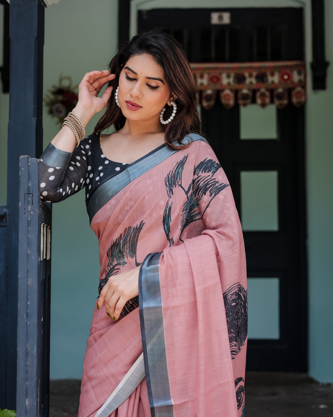 Blush Pink Pure Cotton Linen Saree with Contrast Polka Dot Blouse and Tassel Detailing LINEN H 101110