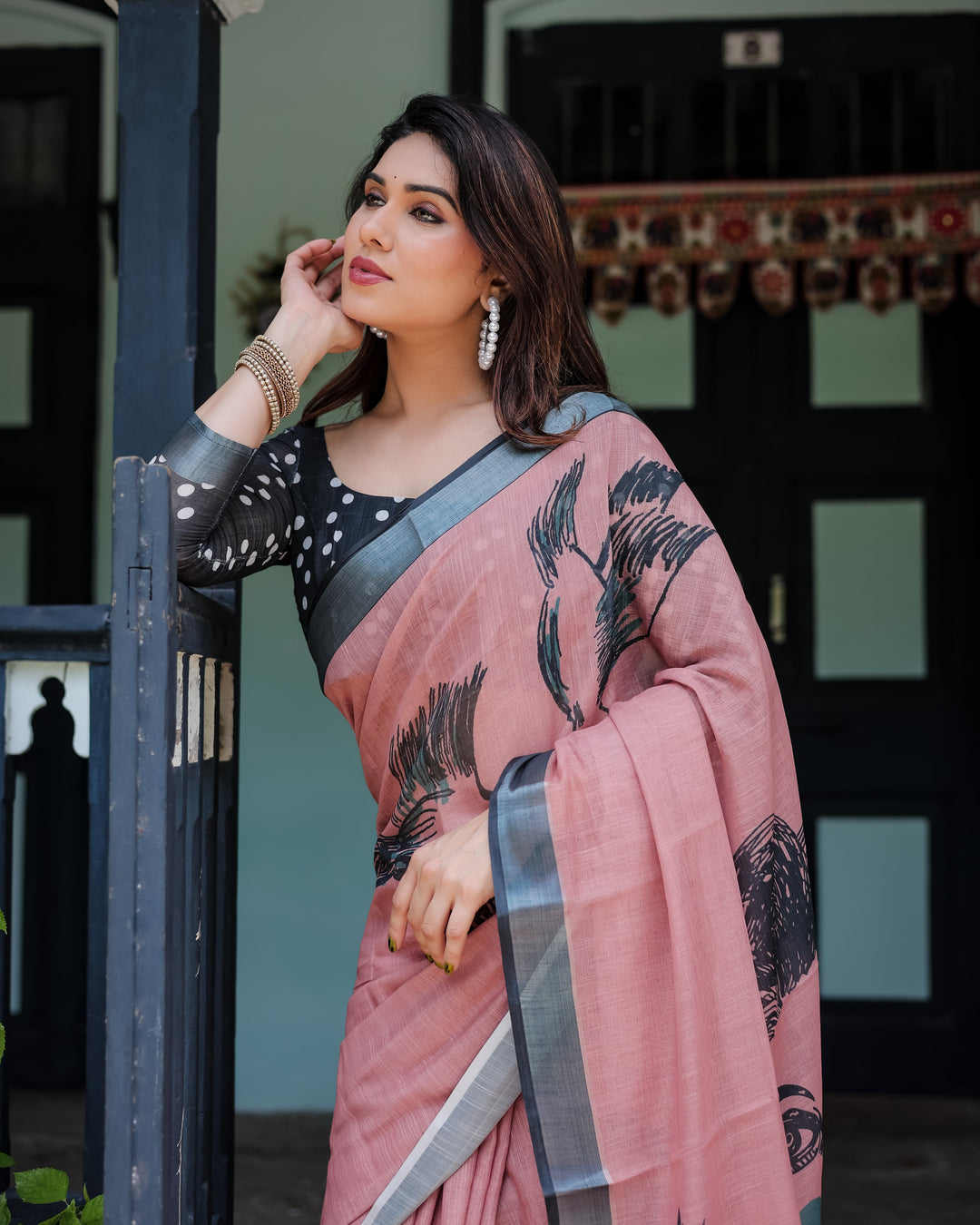 Blush Pink Pure Cotton Linen Saree with Contrast Polka Dot Blouse and Tassel Detailing LINEN H 101110