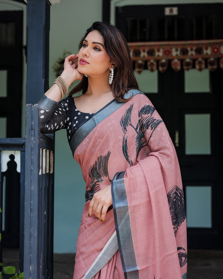 Blush Pink Pure Cotton Linen Saree with Contrast Polka Dot Blouse and Tassel Detailing LINEN H 101110