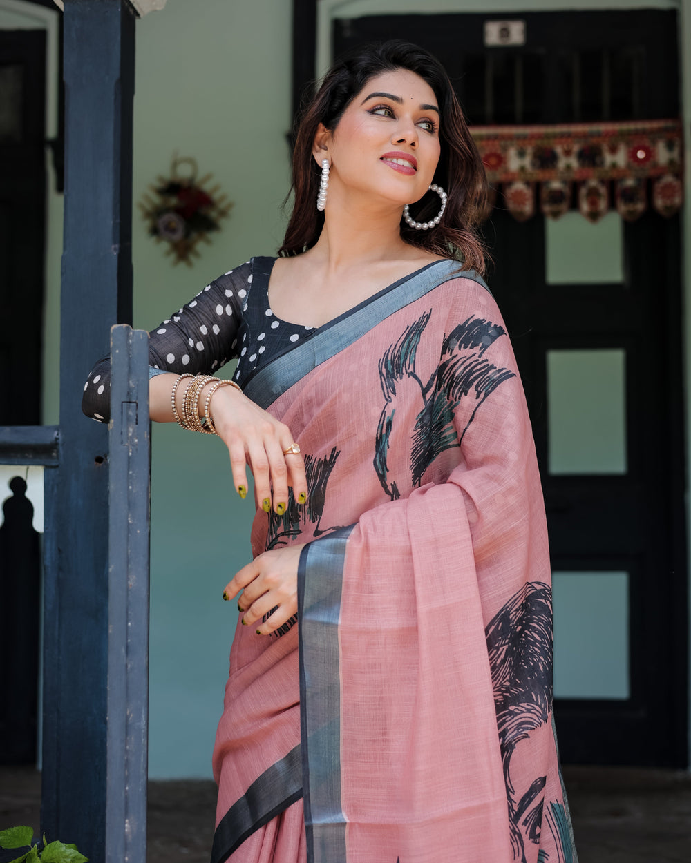 Blush Pink Pure Cotton Linen Saree with Contrast Polka Dot Blouse and Tassel Detailing LINEN H 101110