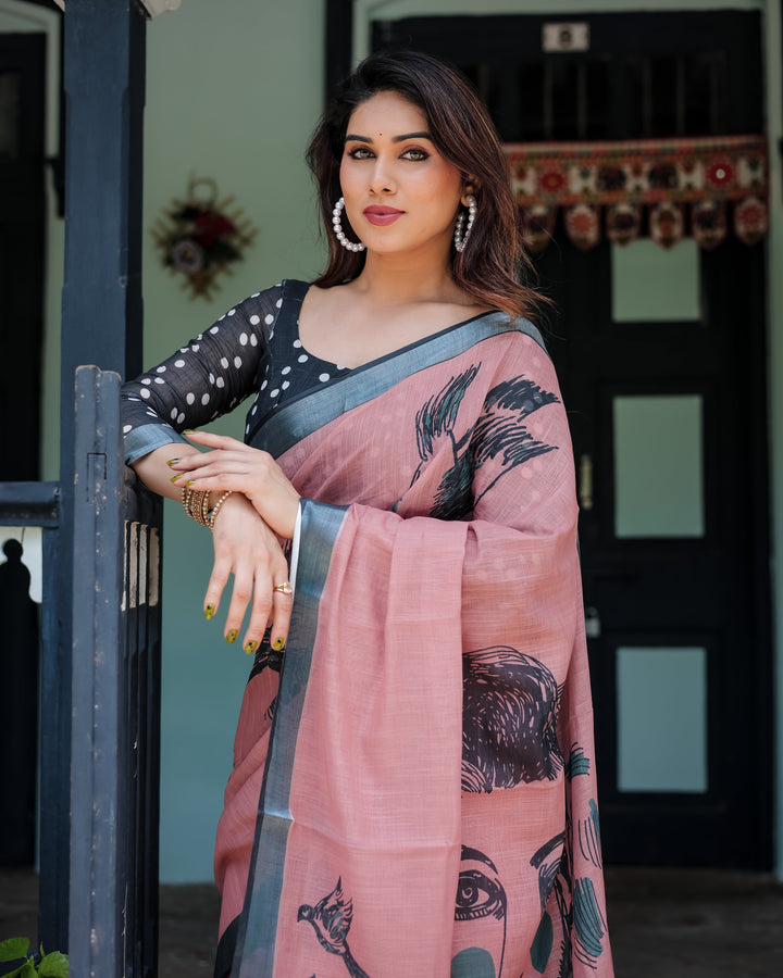 Blush Pink Pure Cotton Linen Saree with Contrast Polka Dot Blouse and Tassel Detailing LINEN H 101110