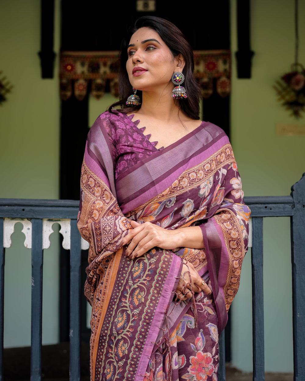 Purple Floral Printed Pure Cotton Linen Saree with Blouse and Tassels LINEN H 121130