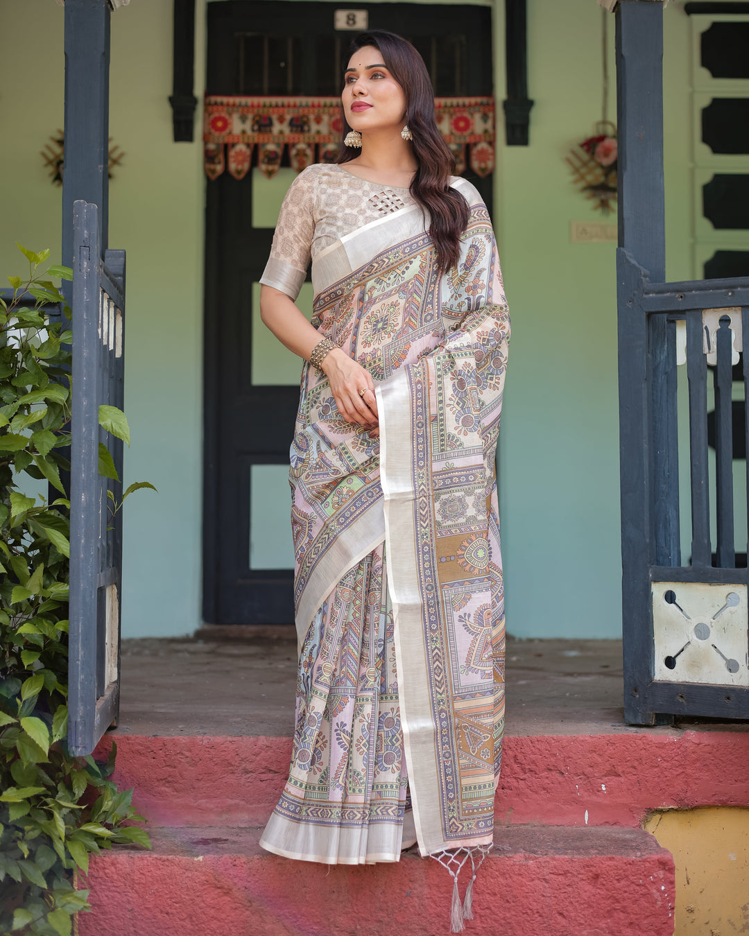 Cream and Pastel Multicolour Printed Pure Cotton Linen Saree with Blouse and Tassels on Edges LINEN H 131140
