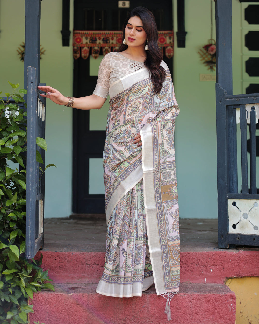 Cream and Pastel Multicolour Printed Pure Cotton Linen Saree with Blouse and Tassels on Edges LINEN H 131140