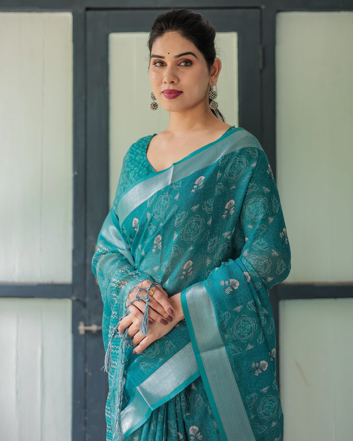 Teal Green Pure Cotton Linen Saree with Silver Floral Motifs and Tassels LINEN H 151160