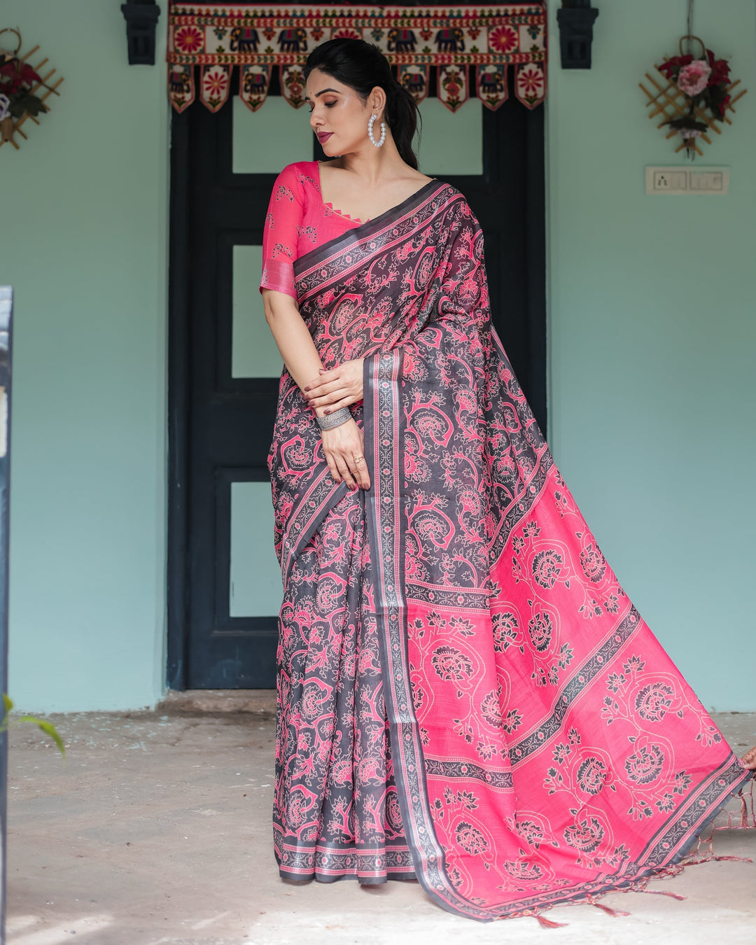 Pure Cotton Linen Saree in Black and Pink with Floral Print and Tassels LINEN H 161170