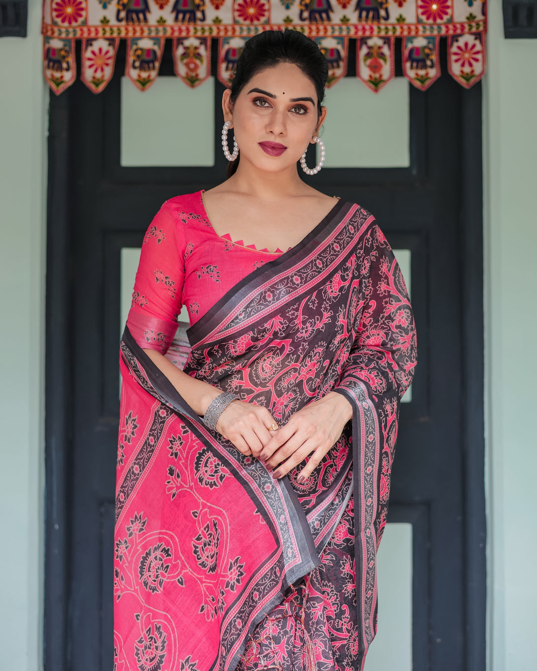 Pure Cotton Linen Saree in Black and Pink with Floral Print and Tassels LINEN H 161170