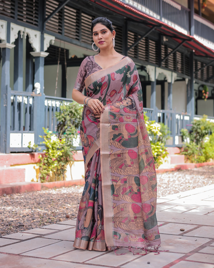 Pastel Peach Kalamkari Design Pure Cotton Linen Saree with Blouse and Tassels LINEN H 161170