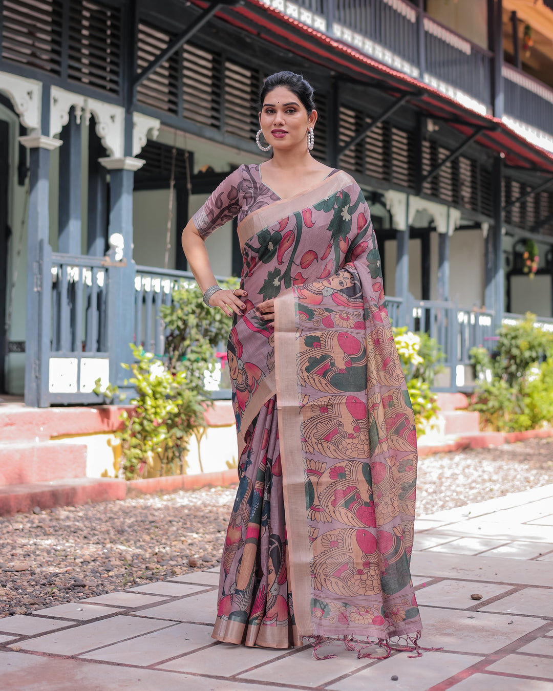 Pastel Peach Kalamkari Design Pure Cotton Linen Saree with Blouse and Tassels LINEN H 161170