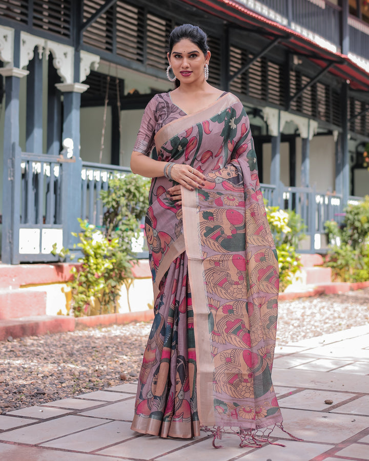 Pastel Peach Kalamkari Design Pure Cotton Linen Saree with Blouse and Tassels LINEN H 161170