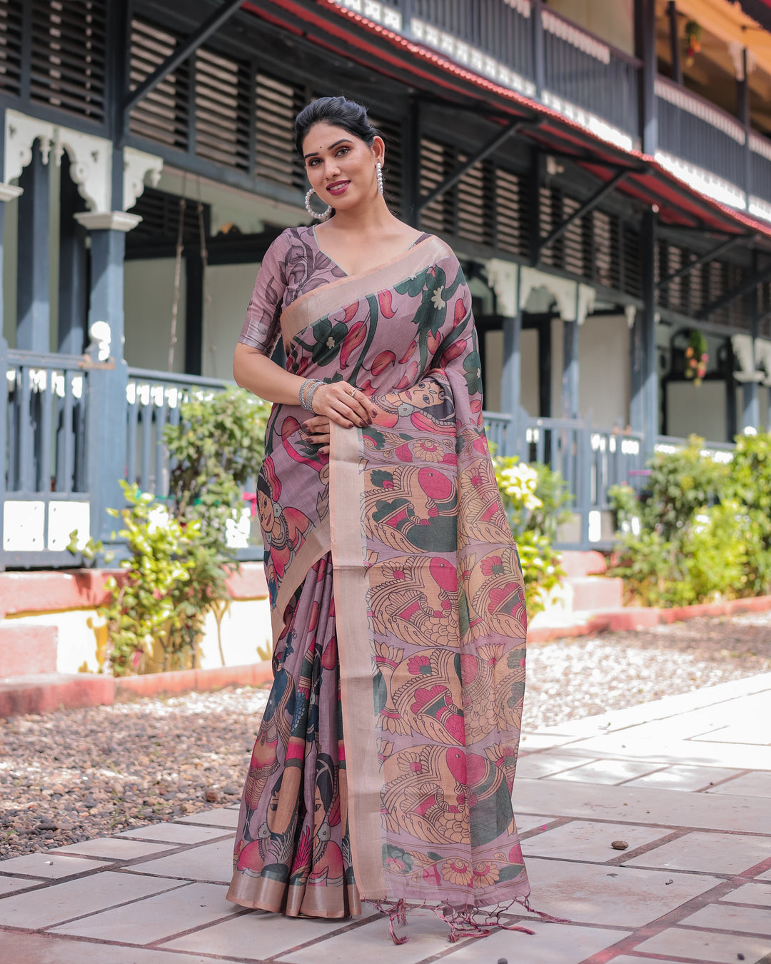 Pastel Peach Kalamkari Design Pure Cotton Linen Saree with Blouse and Tassels LINEN H 161170