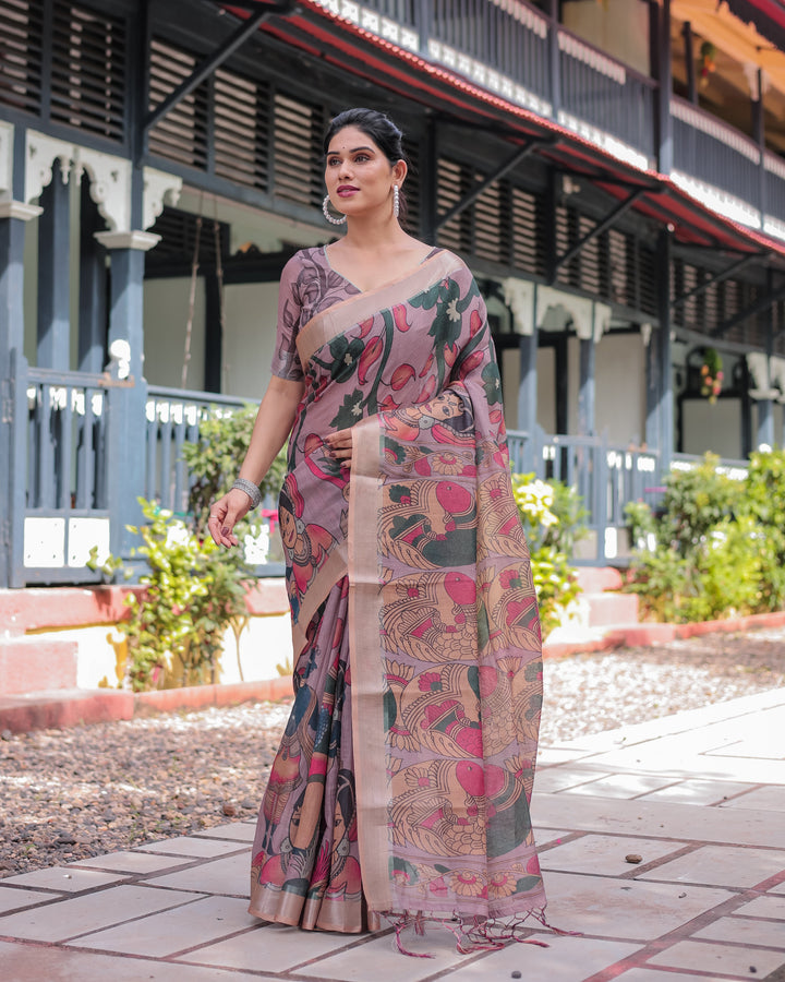 Pastel Peach Kalamkari Design Pure Cotton Linen Saree with Blouse and Tassels LINEN H 161170