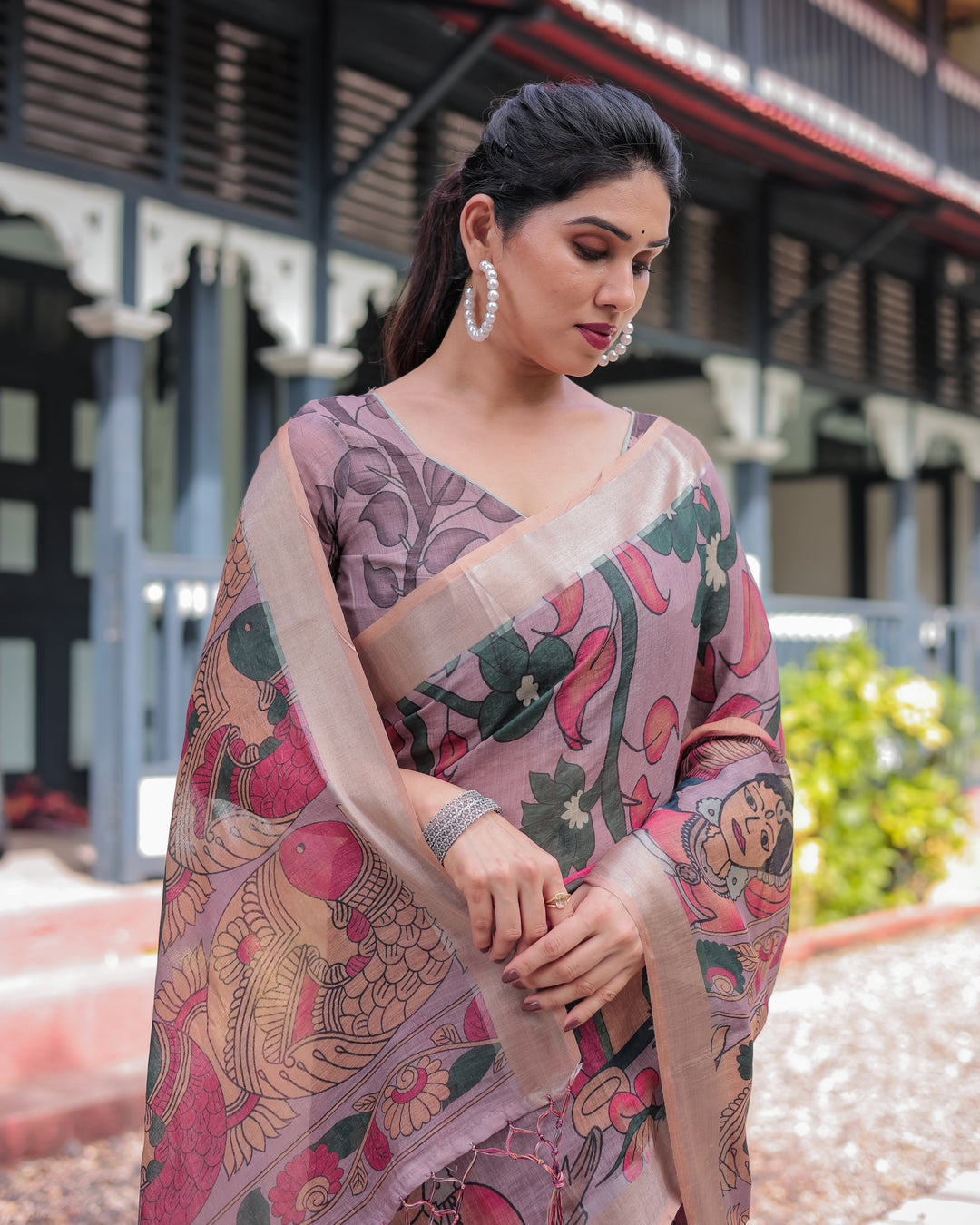 Pastel Peach Kalamkari Design Pure Cotton Linen Saree with Blouse and Tassels LINEN H 161170